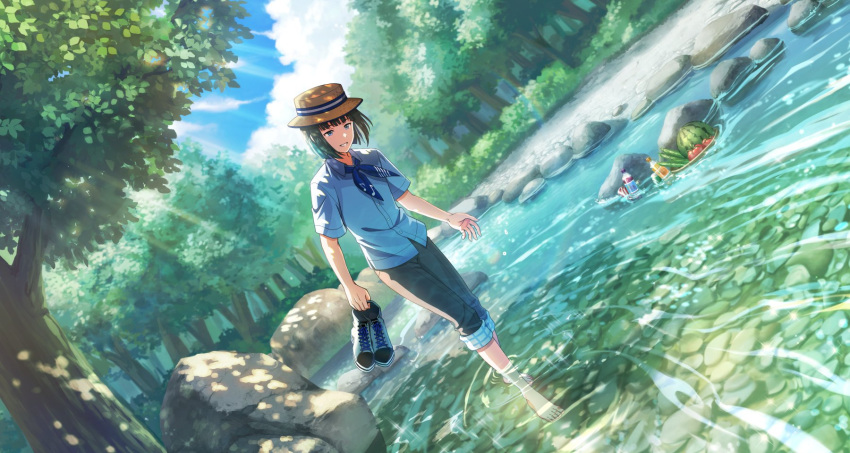 1boy barefoot blue_eyes bottle can food forest fruit hat highres holding holding_shoes idolmaster idolmaster_side-m idolmaster_side-m_growing_stars kagura_rei male_focus nature official_art outdoors shirt shoes short_sleeves smile third-party_source toenails toes wading watermelon