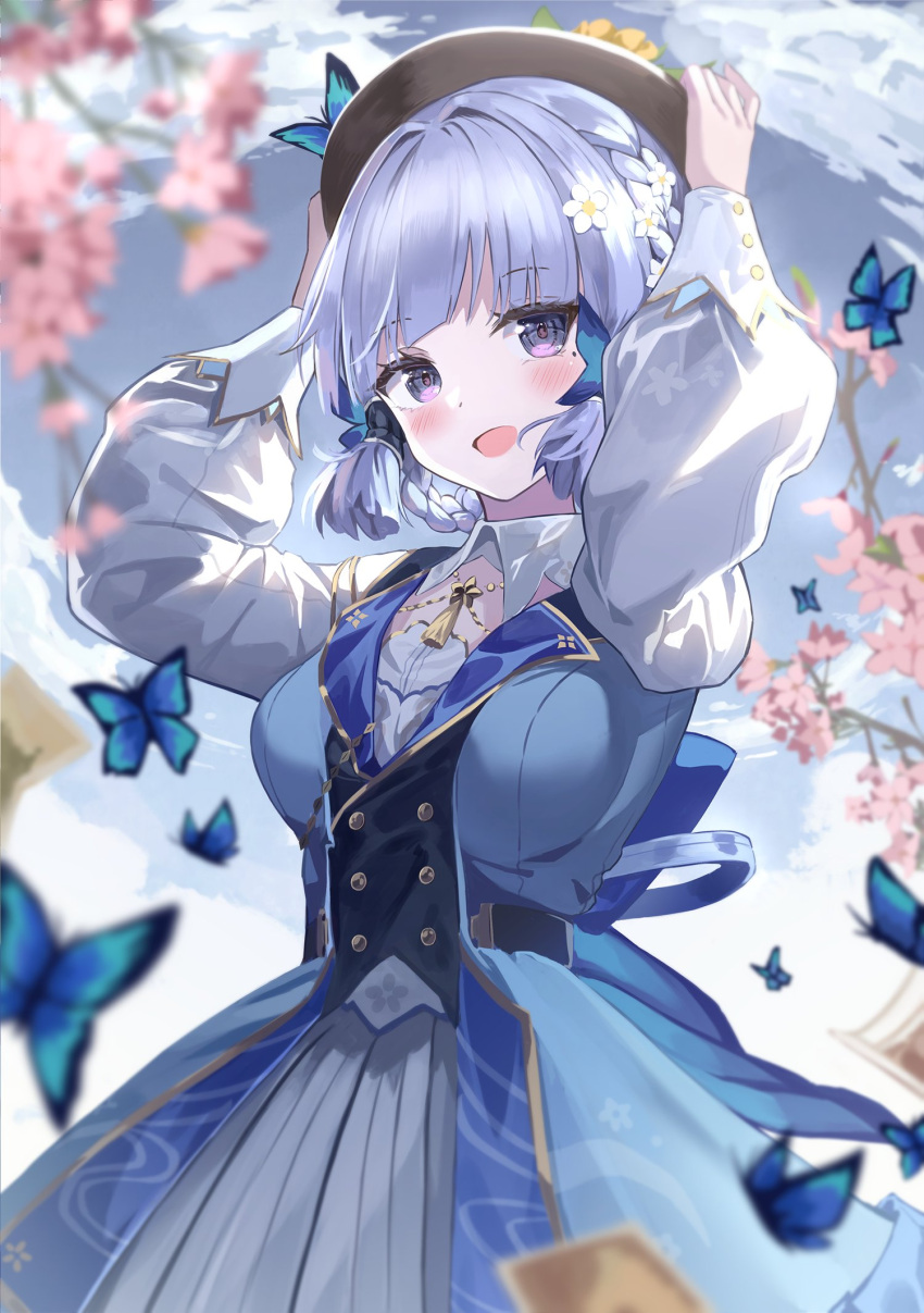 1girl :d bangs blue_bow blue_bowtie blue_butterfly blue_dress blue_eyes blue_hair blue_sky blurry blush bow bowtie breasts brown_headwear bug butterfly cherry_blossoms depth_of_field dress flower genshin_impact hair_flower hair_ornament hair_up hat highres holding holding_clothes holding_hat kamisato_ayaka kamisato_ayaka_(springbloom_missive) light_blue_hair long_sleeves medium_breasts mole mole_under_eye multicolored_clothes multicolored_dress official_alternate_costume open_mouth puffy_long_sleeves puffy_sleeves seero sky smile solo