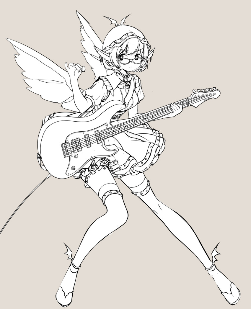 1girl animal_ears bird_ears bird_wings choujuu_gigaku closed_mouth dress electric_guitar fingernails full_body glasses grey_background guitar hat highres holding holding_instrument holding_plectrum instrument lineart monochrome mystia_lorelei namauni plectrum puffy_short_sleeves puffy_sleeves shoes short_hair short_sleeves simple_background solo touhou winged_footwear winged_hat wings