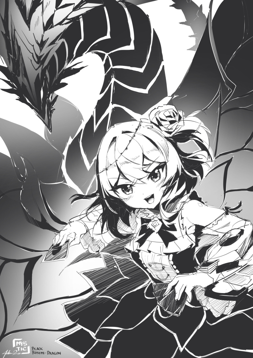 1girl artist_name black_rose_dragon blush bow breasts card character_name clothing_cutout commentary crossover dragon dress duel_disk duel_monster english_commentary flower greyscale hair_flower hair_ornament highres holding holding_card looking_at_viewer monochrome mystic-san name_connection nijisanji nijisanji_en one_side_up open_mouth rose rosemi_lovelock shoulder_cutout signature small_breasts smile solo_focus unfinished v-shaped_eyebrows virtual_youtuber yu-gi-oh!