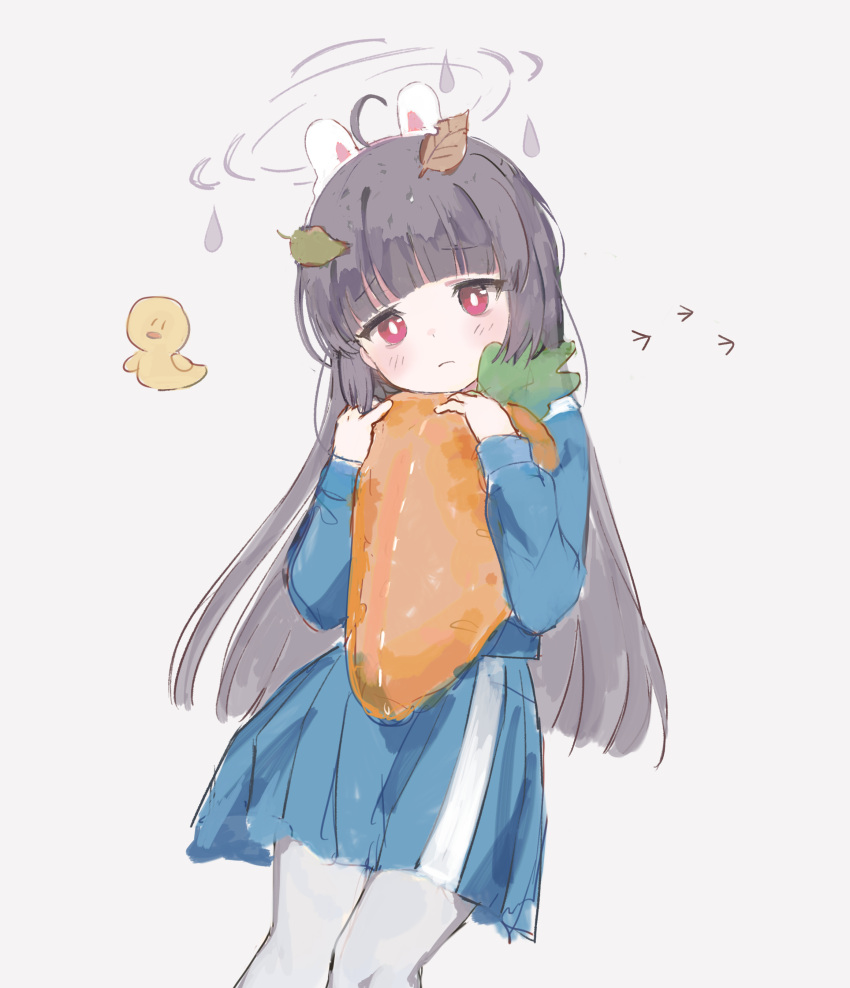 1girl absurdres animal_ears bangs black_hair blue_archive blue_serafuku blue_shirt blue_skirt blunt_bangs blush bright_pupils carrot closed_mouth cropped_legs fake_animal_ears food frown halo highres holding holding_food leaf leaf_on_head long_hair long_sleeves miyu_(blue_archive) nprmtp oversized_food pantyhose pleated_skirt rabbit_ears red_eyes school_uniform serafuku shirt simple_background skirt solo standing white_background white_pantyhose white_pupils