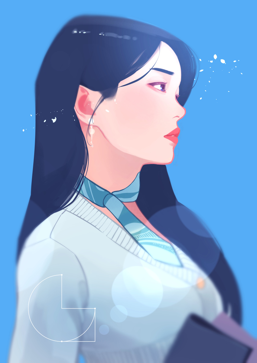 1girl absurdres black_eyes black_hair blue_background blue_cardigan breasts cardigan earrings from_side gagseol-i_(agwj04151) highres izone jewelry korean_commentary lens_flare long_hair looking_up medium_breasts parted_lips real_life solo wonyoung_(ive)
