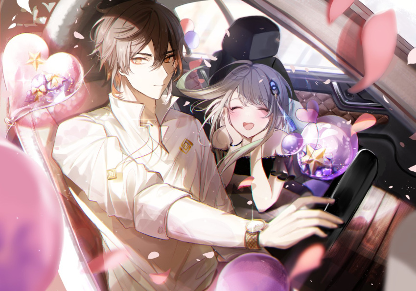 1boy 1girl :d alternate_costume arm_support balloon bangs black_dress black_hair blush closed_mouth couple dress genshin_impact grey_hair guizhong_(genshin_impact) hair_ornament heart highres isobe47 on_vehicle shirt short_hair_with_long_locks smile star_(symbol) tassel tassel_hair_ornament watch watch white_shirt yellow_eyes zhongli_(genshin_impact)