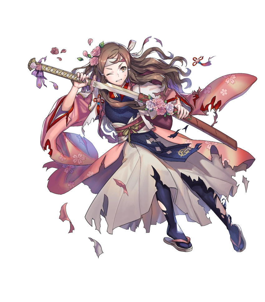 1girl artist_request bangs brown_eyes brown_hair fire_emblem fire_emblem_fates fire_emblem_heroes flower full_body hair_flower hair_ornament hakama hakama_skirt hana_(fire_emblem) hana_(valentine)_(fire_emblem) headband highres holding holding_sword holding_weapon japanese_clothes katana kimono long_hair long_sleeves looking_away non-web_source obi official_art one_eye_closed pantyhose parted_lips pelvic_curtain sandals sash sheath skirt solo sweat sweatdrop sword torn_clothes torn_sleeves transparent_background weapon wide_sleeves