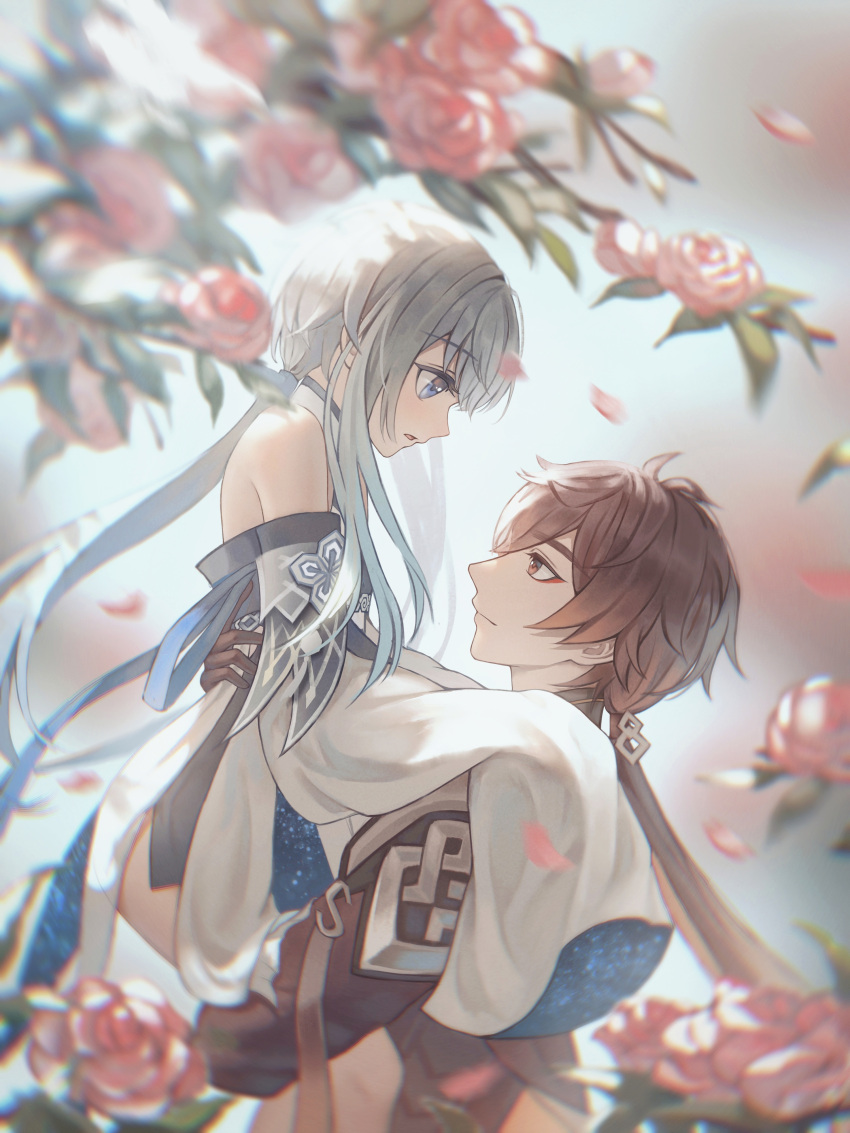 1boy 1girl absurdres alternate_costume bangs bare_shoulders blue_eyes brown_hair carrying carrying_person chinese_clothes chinese_commentary eyeliner eyeshadow flower formal genshin_impact guizhong_(genshin_impact) hair_between_eyes hand_on_another's_back hands_on_another's_shoulders hanfu hetero highres jacket jewelry long_hair long_sleeves makeup multicolored_hair open_mouth pink_flower pink_rose ponytail red_eyeshadow rose sleeves_past_fingers sleeves_past_wrists upper_body yellow_eyes yexingwange zhongli_(genshin_impact)