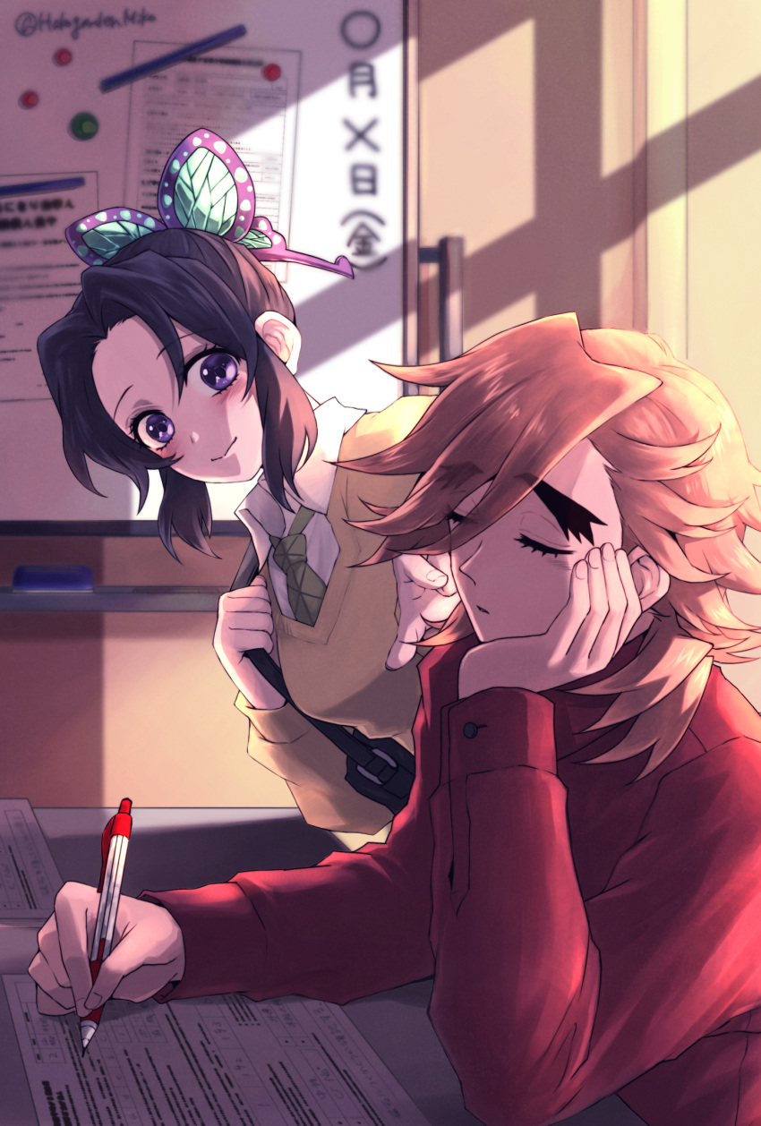 1boy 1girl bag bangs black_hair blonde_hair blurry blush board_eraser butterfly_hair_ornament chalkboard closed_eyes closed_mouth collared_shirt commentary_request depth_of_field douma_(kimetsu_no_yaiba) elbows_on_table eyelashes flipped_hair forked_eyebrows green_necktie hair_between_eyes hair_ornament hamiko_(hakogardenmiko) hand_on_own_cheek hand_on_own_face head_rest hetero highres holding holding_bag holding_pen indoors kimetsu_gakuen kimetsu_no_yaiba kochou_shinobu leaning_forward light_brown_hair long_sleeves looking_at_another looking_to_the_side medium_hair necktie note paper pen poking red_shirt school_bag school_uniform shirt sidelocks sleeping sleeping_upright sweater swept_bangs table test twilight twitter_username updo violet_eyes white_shirt window_shade yellow_sweater