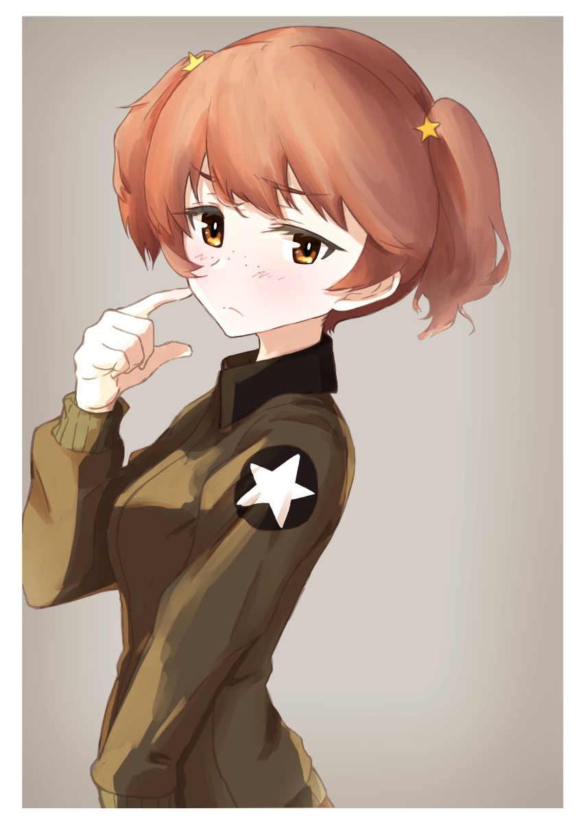 1girl absurdres alisa_(girls_und_panzer) bangs blush brown_eyes brown_hair brown_jacket closed_mouth commentary emblem finger_to_cheek freckles from_side frown girls_und_panzer grey_background hair_ornament highres jacket long_sleeves looking_at_viewer military military_uniform oritako saunders_military_uniform short_hair short_twintails solo star_(symbol) star_hair_ornament twintails uniform upper_body