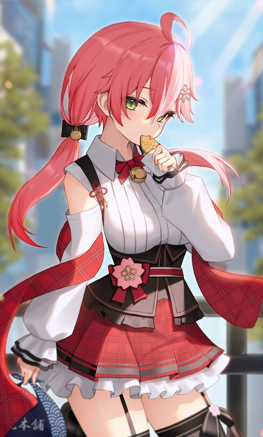 1girl ahoge bangs bell black_ribbon black_thighhighs blurry blurry_background collared_shirt corset eating food frilled_skirt frills garter_straps green_eyes hair_between_eyes hair_ornament hair_ribbon highres holding holding_food hololive jingle_bell long_hair long_sleeves looking_at_viewer neck_bell outdoors pink_hair plaid plaid_skirt puffy_long_sleeves puffy_sleeves red_skirt ribbon sakura_miko shirt skirt sleeves_past_wrists solo thigh-highs thomas_8000 twintails virtual_youtuber white_shirt