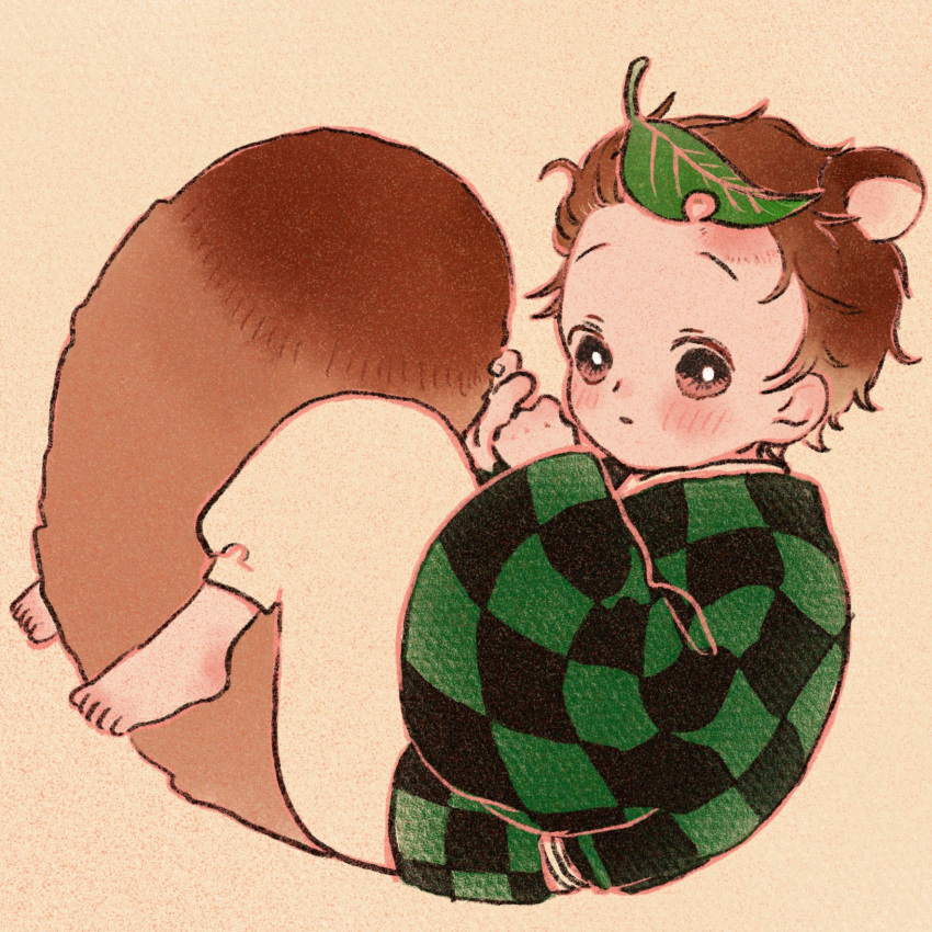 1boy aged_down animal_ears barefoot between_legs blush brown_hair checkered_clothes child extra_ears fetal_position from_side full_body green_kimono hair_slicked_back highres japanese_clothes kamado_tanjirou kemonomimi_mode kimetsu_no_yaiba kimono leaf leaf_on_head long_sleeves looking_at_viewer male_child male_focus pants raccoon_boy raccoon_ears raccoon_tail sash scar scar_on_face scar_on_forehead short_hair simple_background siomy_0 solo tail tail_between_legs white_pants wide_sleeves
