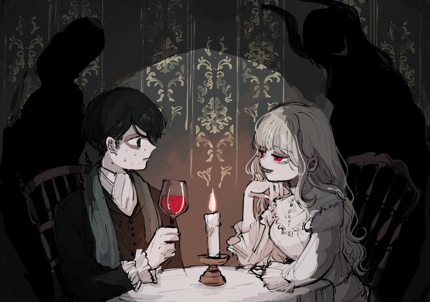 1boy 1girl alcohol amaotopian bangs black_hair blunt_bangs candle candlelight chair coat cup demon_girl different_shadow dress drink drinking_glass elbow_rest eye_contact frilled_dress frills green_eyes half-closed_eyes head_rest highres holding holding_drink indoors long_hair looking_at_another nervous open_mouth original scarf shadow sitting smile sweat table wallpaper_(object) wavy_hair white_dress white_hair wine wine_glass