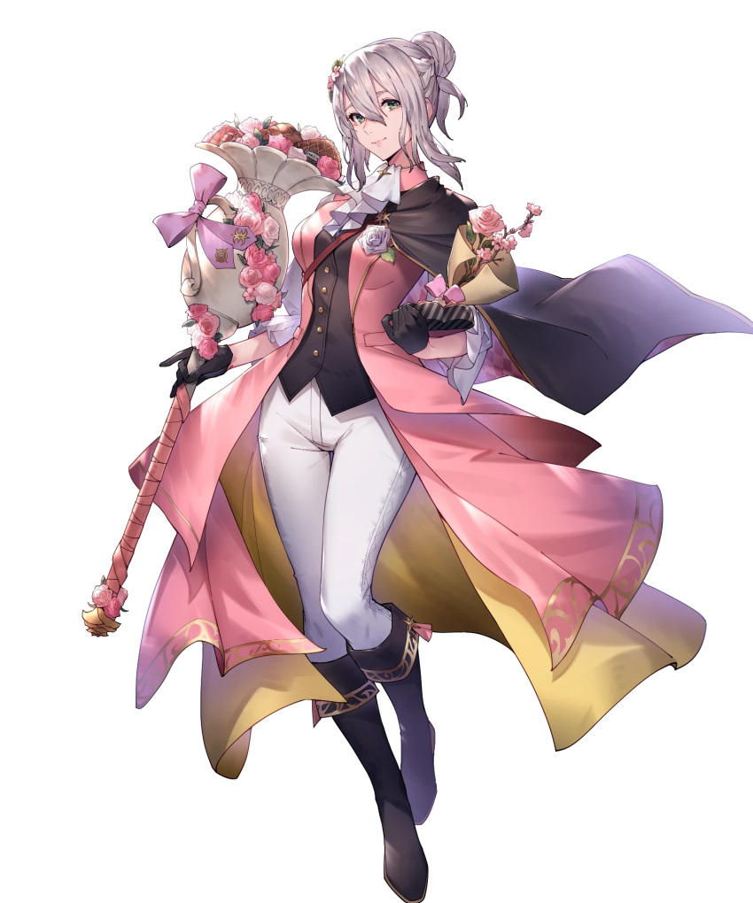 1girl ascot bangs boots box breasts buttons capelet coat detached_sleeves effie_(fire_emblem) effie_(valentine)_(fire_emblem) essual_(layer_world) fire_emblem fire_emblem_fates fire_emblem_heroes flower full_body gift gift_box gloves gold_trim green_eyes hair_bun hair_ornament highres holding knee_boots lips long_hair long_sleeves looking_at_viewer medium_breasts non-web_source official_art open_clothes pants pink_coat sidelocks smile solo transparent_background white_hair white_pants