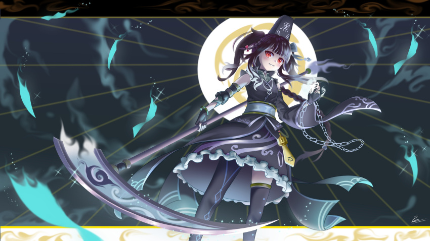 1girl absurdres black_hair chain commentary_request dark_background hat highres hitatsuphat holding holding_scythe japanese_clothes nijigen_project nika_linh_lan obi red_eyes sash scythe single_thighhigh smile tate_eboshi thigh-highs vietnamese_commentary