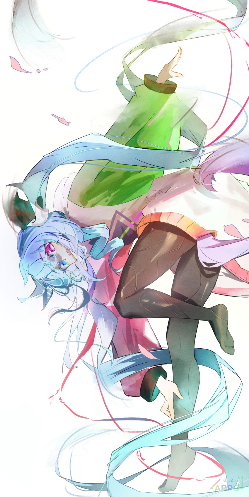 1girl animal_ears aqua_hair arpc-027 artist_name backlighting bangs black_bodysuit black_ribbon blue_eyes blue_hair bodysuit commentary english_commentary hair_ribbon hand_on_own_leg heterochromia highres hooded_coat horse_ears horse_girl horse_tail leaning_forward long_hair long_sleeves looking_at_viewer looking_back multicolored_coat no_shoes open_mouth pink_eyes ribbon sharp_teeth sidelocks smile solo standing standing_on_one_leg tail teeth twin_turbo_(umamusume) twintails umamusume very_long_hair white_background