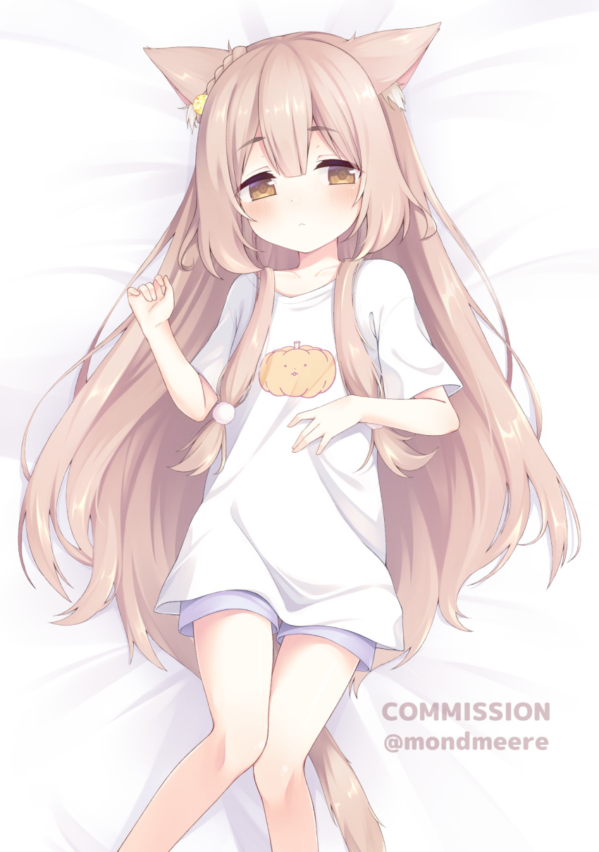 1girl animal_ear_fluff animal_ears bangs bed_sheet blue_shorts blush braid brown_eyes brown_hair closed_mouth collarbone commentary_request commission feet_out_of_frame hair_between_eyes hair_ornament hand_up highres knees_together_feet_apart long_hair looking_at_viewer lying on_back original rnond shirt short_shorts short_sleeves shorts skeb_commission solo twitter_username very_long_hair white_shirt