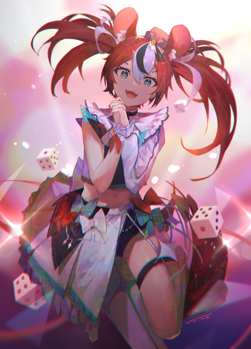 +_+ 1girl absurdres animal_ear_fluff animal_ears asymmetrical_legwear asymmetrical_sleeves bangs black_hair blue_eyes bow chromatic_aberration commentary dated dice english_commentary fangs hair_between_eyes hakos_baelz half-skirt highres hololive hololive_english hololive_idol_uniform_(bright) idol jushoro leg_up looking_at_viewer micro_shorts midriff mouse_ears mouse_girl multicolored_hair navel open_mouth own_hands_clasped own_hands_together redhead shorts single_leg_pantyhose single_sleeve solo streaked_hair thigh_strap twintails virtual_youtuber white_hair