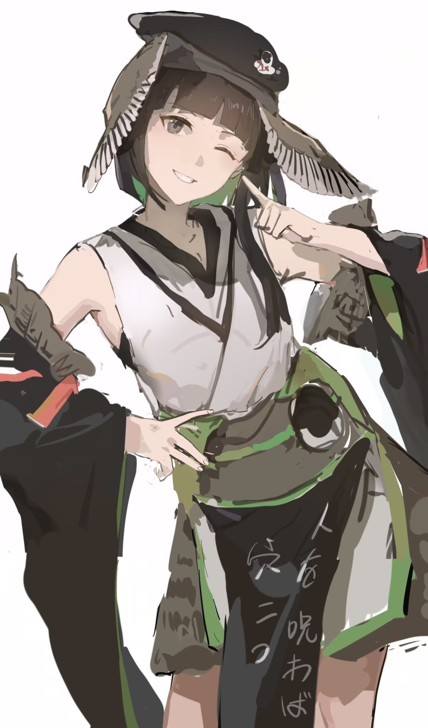 beiked204 black_hair black_headwear detached_sleeves feather_hair_ornament feathers green_hair hair_ornament highres indie_virtual_youtuber japanese_clothes obi one_eye_closed open_mouth sash short_hair_with_long_locks sketch smile tabinoki_kanae tail_feathers virtual_youtuber youtube