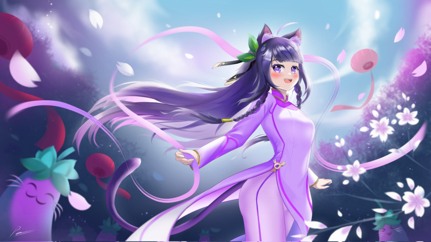 1girl ^_^ animal_ears cat_ears cat_girl cherry_blossoms closed_eyes commentary_request eggplant falling_petals flower highres hitatsuphat natsumi_hachi nijigen_project petals purple_eyes purple_hair tail uwu vietnamese_clothes vietnamese_commentary vietnamese_dress violet_eyes