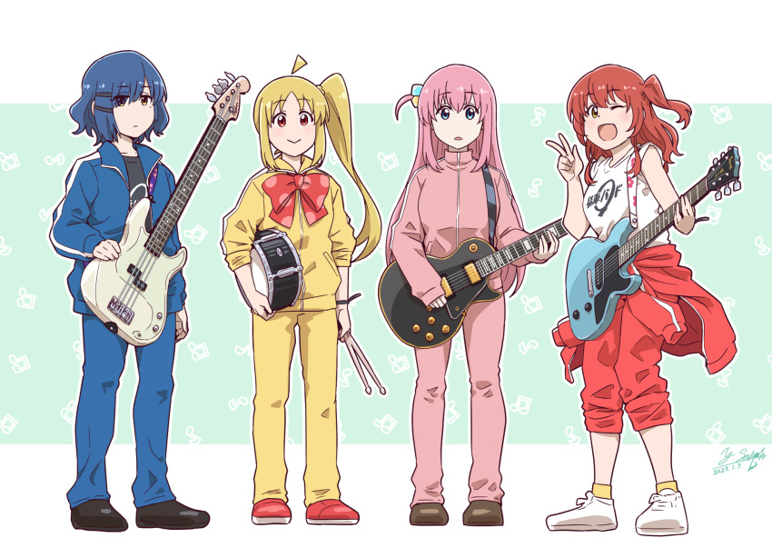 4girls ;d ahoge ankle_socks artist_name band bangs bass_guitar black_footwear black_shirt blonde_hair blue_eyes blue_hair blue_jacket blue_pants bob_cut bocchi_the_rock! bow brown_footwear closed_mouth clothes_around_waist commentary cube_hair_ornament dated drumsticks electric_guitar fender_precision_bass gibson_les_paul gotou_hitori guitar hair_ornament hairclip highres holding holding_drumsticks holding_instrument ijichi_nijika instrument jacket kita_ikuyo large_bow light_frown long_hair looking_at_viewer medium_hair multiple_girls one_eye_closed one_side_up open_clothes open_jacket pants pants_rolled_up parted_lips pink_hair pink_jacket pink_pants print_shirt red_bow red_eyes red_footwear red_pants redhead satou_yasu shirt shoes short_hair side_ponytail signature single_vertical_stripe sleeveless sleeveless_shirt sleeves_rolled_up smile snare_drum sneakers socks standing track_jacket track_pants track_suit two_side_up v very_long_hair white_footwear white_shirt yamada_ryou yellow_eyes yellow_jacket yellow_pants yellow_socks