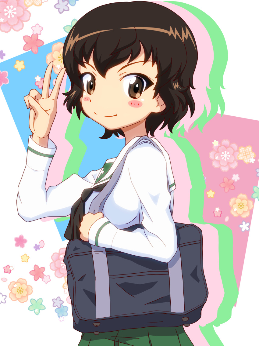 1girl absurdres bag bangs black_neckerchief blouse blush_stickers brown_eyes brown_hair caesar_(girls_und_panzer) carrying closed_mouth commentary floral_background from_side girls_und_panzer gogopaint highres long_sleeves looking_at_viewer neckerchief no_scarf ooarai_school_uniform sailor_collar school_bag school_uniform serafuku shirt short_hair silhouette smile solo v white_sailor_collar white_shirt