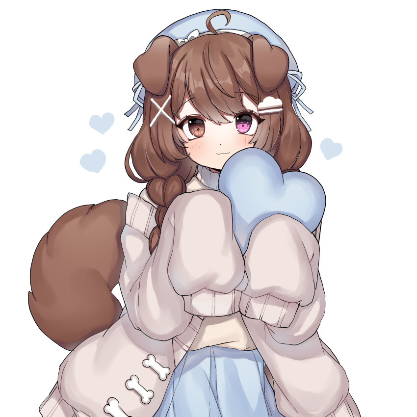 1girl absurdres animal_ears beret blue_headband blue_skirt braid brown_eyes brown_hair cardigan dog_ears dog_girl dog_tail emi_(vtuber) grey_cardigan hair_ornament hairclip hat headband heterochromia highres indie_virtual_youtuber long_hair looking_at_viewer plushcharm skirt sleeves_past_wrists smile solo stuffed_toy sweater tail twin_braids twintails virtual_youtuber white_background white_sweater