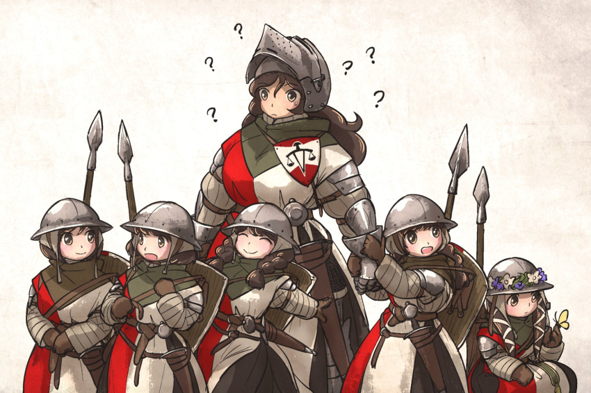 6+girls ? aged_down armor bassinet brown_hair bug butterfly commentary confused crest english_commentary flora_sister_(ironlily) flower front_twin_braids_sister_(ironlily) full_armor gambeson hat hat_flower helmet highres holding_hands ironlily kettle_helm kite_shield knight lady_lucerne_(ironlily) long_hair medieval mid_neutral_sister_(ironlily) multiple_girls ordo_mediare_sisters_(ironlily) polearm sheath sheathed shield_on_back short_hair short_hair_sister_(ironlily) spear sweatdrop twin_braids_sister_(ironlily) walking weapon weapon_on_back