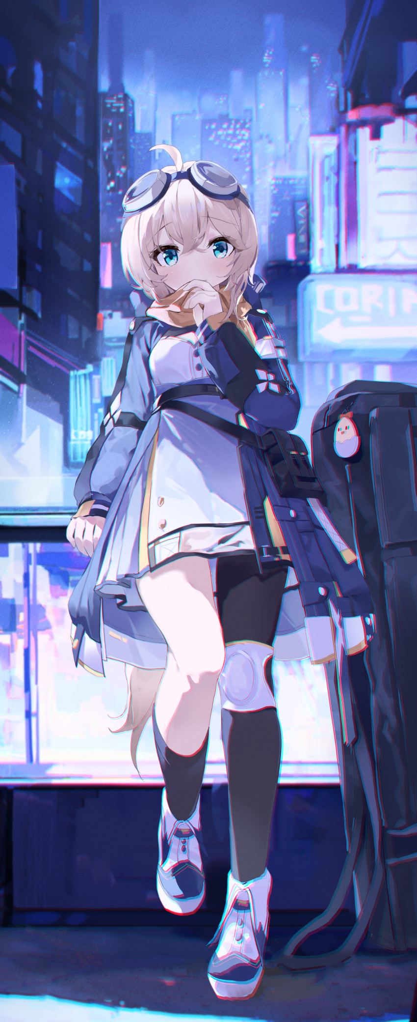 1girl absurdres against_wall ahoge arm_support arrow_(symbol) bag bangs black_bag black_socks blonde_hair blue_coat blush cityscape closed_mouth coat coria covering_mouth glass goggles goggles_on_head green_eyes handbag highres knee_pads leg_up long_hair long_sleeves looking_at_viewer night open_clothes open_coat orange_scarf original outdoors pleated_skirt puffy_long_sleeves puffy_sleeves scarf shirt shoes sidelocks skirt smile sneakers socks solo standing very_long_hair white_footwear white_shirt white_skirt