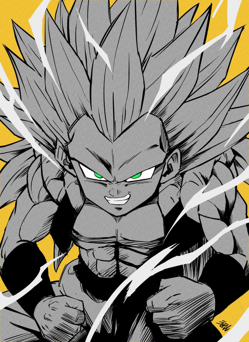 1boy abs absurdres clenched_hands commentary dragon_ball dragon_ball_z electricity gotenks green_eyes greyscale grin highres liedein long_hair male_focus metamoran_vest monochrome muscular muscular_male no_eyebrows signature smile solo spot_color super_saiyan super_saiyan_3 upper_body widow's_peak yellow_background
