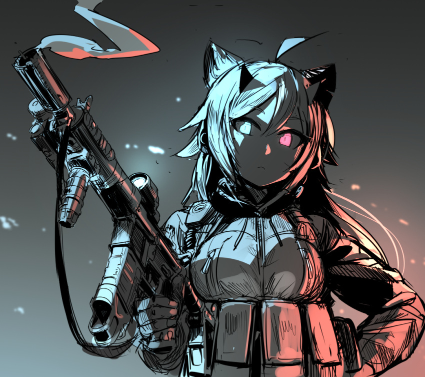 1girl ahoge animal_ear_fluff animal_ears ar-15 bangs blue_eyes breasts copyright_request drawstring gloves grey_background gun hair_between_eyes heterochromia holding holding_gun holding_weapon hood hood_down hooded_jacket horns jacket long_sleeves looking_at_viewer medium_breasts monochrome nisetanaka pink_eyes rifle scope simple_background smoke smoking_gun solo upper_body weapon