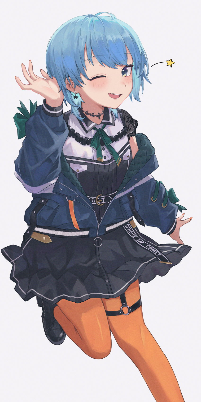 1girl ;) absurdres alternate_hairstyle black_shirt black_skirt blue_eyes blue_hair blue_jacket blush breasts choker earrings frilled_shirt frilled_skirt frills green_ribbon highres hololive hoshimachi_suisei jacket jewelry kiwwwwwi light_blue_hair looking_at_viewer miniskirt neck_ribbon official_alternate_costume one_eye_closed open_clothes open_jacket orange_pantyhose pantyhose ribbon shirt short_hair simple_background skirt small_breasts smile solo star_(symbol) star_in_eye symbol_in_eye thigh_strap virtual_youtuber