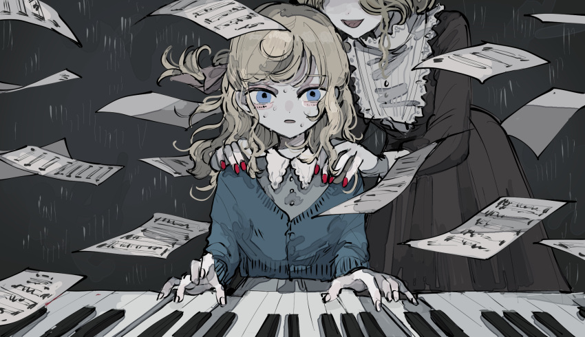 2girls amaotopian blonde_hair blue_eyes cardigan dress female_child grey_background hands_on_another's_shoulders head_out_of_frame highres instrument long_hair multiple_girls music nail_polish original parted_lips piano playing_instrument playing_piano red_nails sheet_music smile straight-on sweat wavy_hair