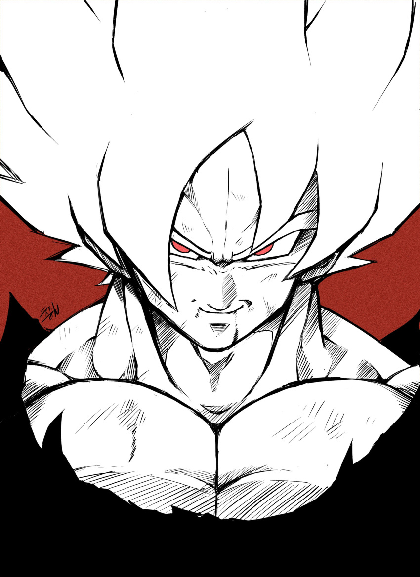 1boy absurdres blood blood_from_mouth commentary_request dragon_ball dragon_ball_z highres large_pectorals liedein male_focus monochrome pectorals portrait red_background red_eyes signature smile solo son_goku spot_color super_saiyan super_saiyan_1 torn_clothes