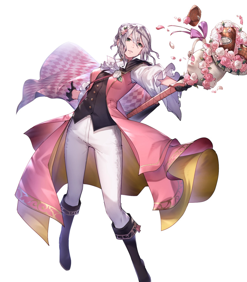 1girl ascot boots breasts buttons capelet checkered_clothes closed_mouth coat detached_sleeves effie_(fire_emblem) effie_(valentine)_(fire_emblem) essual_(layer_world) fire_emblem fire_emblem_fates fire_emblem_heroes flower full_body gloves gold_trim green_eyes hair_ornament highres holding knee_boots lips long_hair long_sleeves looking_away medium_breasts non-web_source official_art open_clothes pants pink_coat solo transparent_background white_hair white_pants
