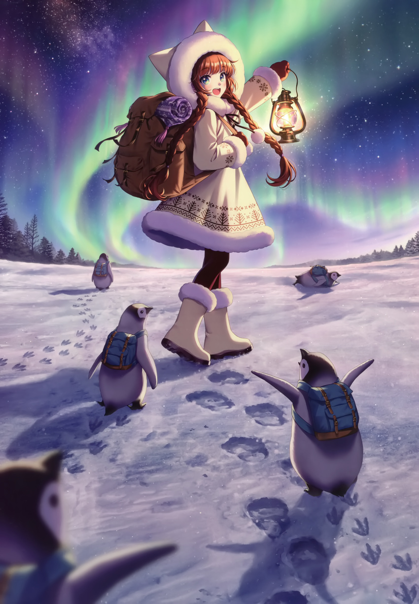 1girl absurdres animal aurora backpack bag bangs bird boots bow bowtie braid brown_hair dress footprints full_body fur_trim gloves gradient_sky highres holding hood knee_boots lamp long_hair looking_at_viewer morikura_en night night_sky open_mouth original pantyhose penguin pom_pom_(clothes) scan shadow short_dress simple_background sky smile snow standing star_(sky) starry_sky tree twin_braids winter_clothes