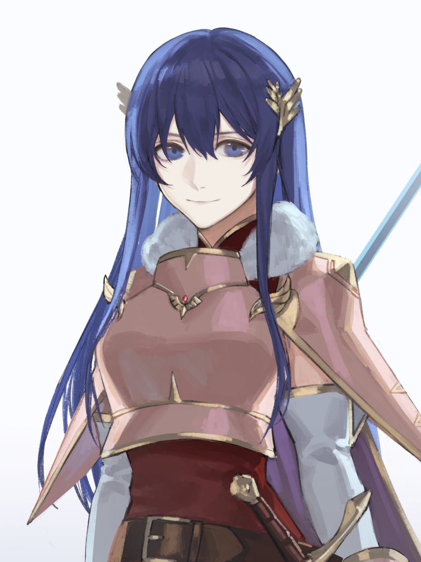 1girl armor belt blue_eyes blue_hair breastplate caeda_(fire_emblem) dress elbow_gloves fire_emblem fire_emblem:_mystery_of_the_emblem fire_emblem:_shadow_dragon fire_emblem_heroes gloves highres looking_at_viewer mik_blamike official_alternate_costume pauldrons pegasus_knight_uniform_(fire_emblem) red_dress short_dress shoulder_armor simple_background smile solo white_background white_gloves