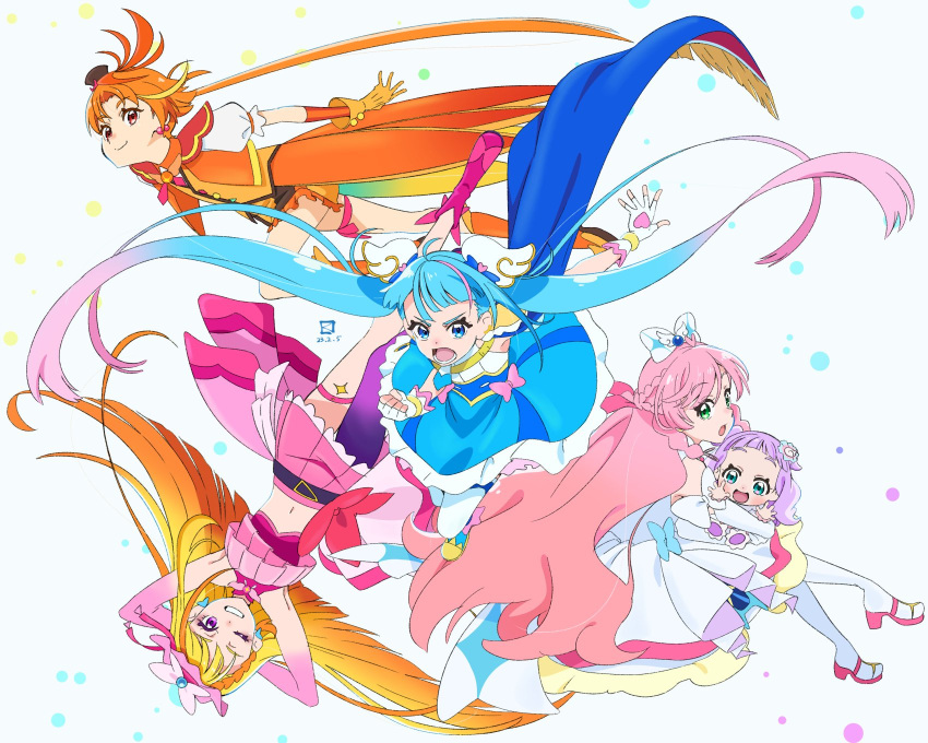 1boy 4girls ahoge aqua_eyes ascot baby blonde_hair blue_eyes blue_hair boots bow brooch butterfly_earrings cape cure_butterfly cure_prism cure_sky cure_wing detached_sleeves earrings ellee-chan full_body gloves gradient_hair green_eyes grin hair_bow hat heart heart_ahoge highres hijiri_ageha hirogaru_sky!_precure jewelry long_hair magical_boy magical_girl mini_hat mini_top_hat miyahara_takuya multicolored_hair multiple_girls nijigaoka_mashiro one_eye_closed open_mouth orange_gloves orange_hair pink_hair precure puffy_detached_sleeves puffy_sleeves purple_hair red_eyes short_bangs single_sidelock smile sora_harewataru top_hat twintails two-sided_cape two-sided_fabric violet_eyes white_ascot white_bow wing_brooch wing_hair_ornament
