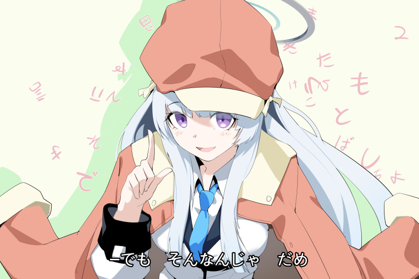 1girl absurdres bakemonogatari blue_archive blue_necktie cabbie_hat collared_shirt cosplay formal halo hat hat_ribbon highres index_finger_raised jacket jacket_on_shoulders light_blush long_hair long_sleeves looking_at_viewer monogatari_(series) necktie noa_(blue_archive) open_mouth orange_headwear parody plentyofempty ren'ai_circulation ribbon sengoku_nadeko sengoku_nadeko_(cosplay) shirt simple_background smile solo subtitled suit two-tone_headwear violet_eyes white_hair white_suit