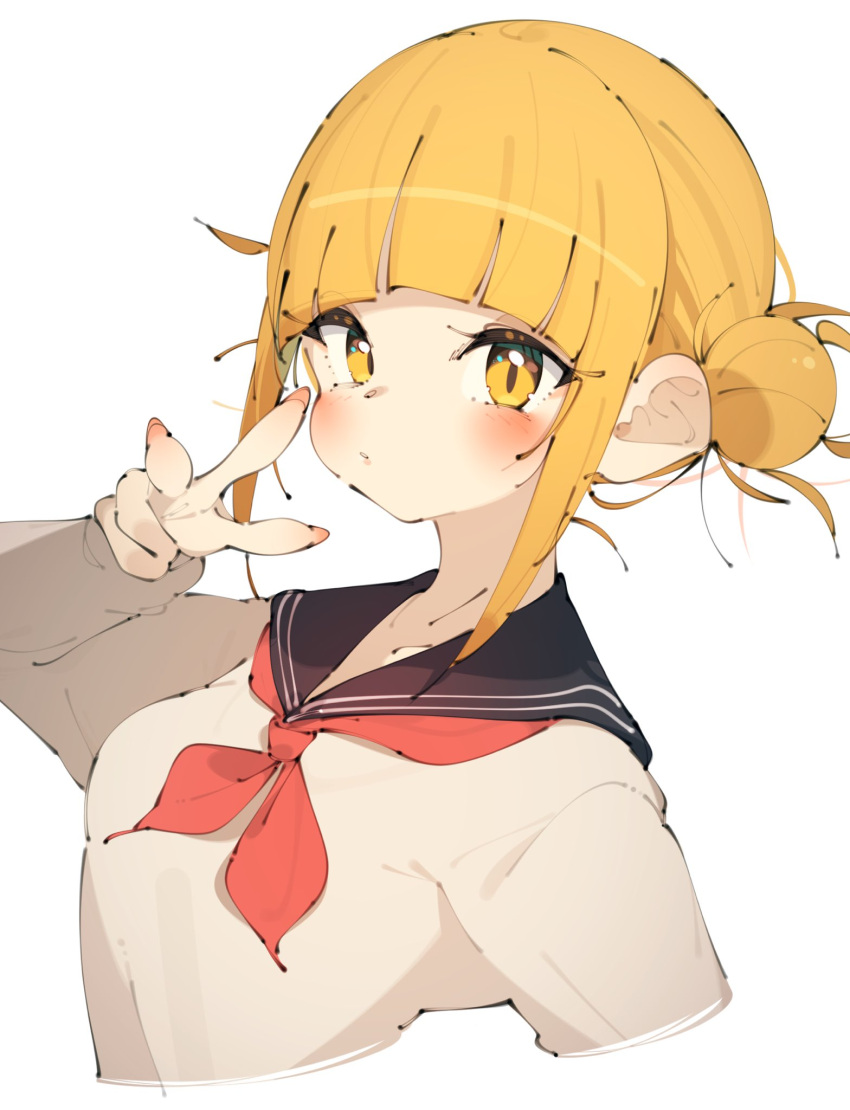 1girl bangs black_sailor_collar blonde_hair blunt_bangs blush boku_no_hero_academia brown_sweater collarbone commentary cropped_arms cropped_torso dot_nose double_bun hair_bun hand_up highres long_sleeves looking_at_viewer messy_hair neckerchief nib_pen_(medium) parted_lips rasusurasu red_neckerchief sailor_collar short_hair_with_long_locks sidelocks simple_background solo straight_hair sweater symbol-only_commentary toga_himiko traditional_media tsurime upper_body v white_background yellow_eyes