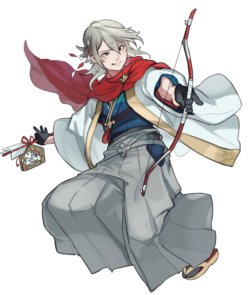 1boy arrow_(projectile) bangs black_socks bow_(weapon) character_print commentary corrin_(fire_emblem) corrin_(male)_(fire_emblem) corrin_(male)_(new_year)_(fire_emblem) english_commentary fire_emblem fire_emblem_fates fire_emblem_heroes full_body grey_hair grey_hakama hair_between_eyes hakama highres holding holding_arrow holding_bow_(weapon) holding_weapon japanese_clothes kimono lilith_(fire_emblem) looking_away male_focus misokatsuhaumai official_alternate_costume open_clothes open_kimono pointy_ears red_eyes red_scarf sandals scarf short_hair simple_background socks solo tongue tongue_out weapon white_background wide_sleeves