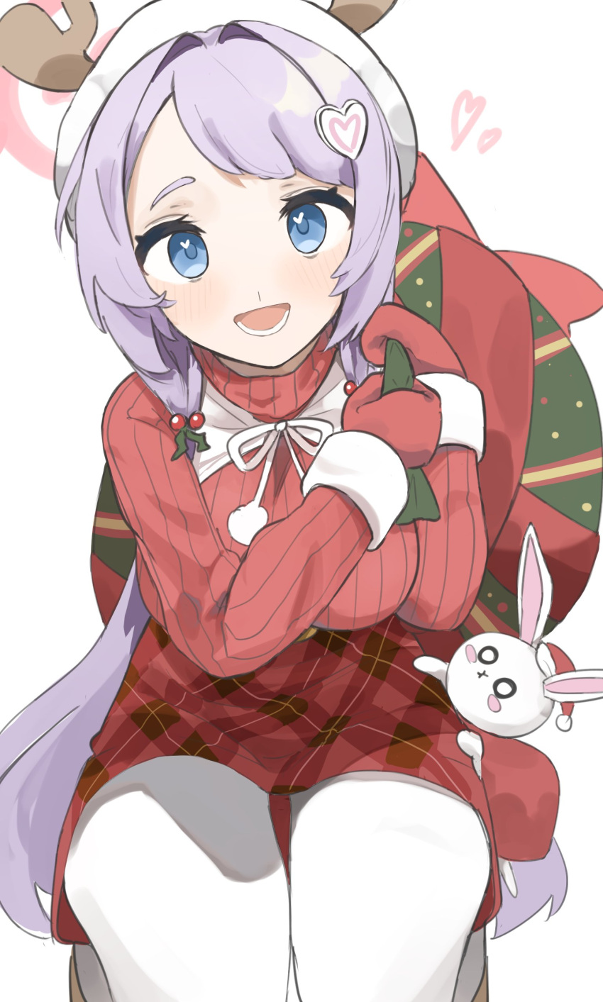 1girl :d absurdres bangs blue_archive blue_eyes boku_2020 fake_antlers gloves hair_ornament halo hanae_(blue_archive) hanae_(christmas)_(blue_archive) heart heart_hair_ornament highres holding holding_sack light_blush long_hair long_sleeves looking_at_viewer mistletoe_hair_ornament open_mouth pantyhose plaid plaid_skirt purple_hair red_skirt red_sweater sack santa_gloves simple_background skirt smile solo sweater swept_bangs white_background white_pantyhose