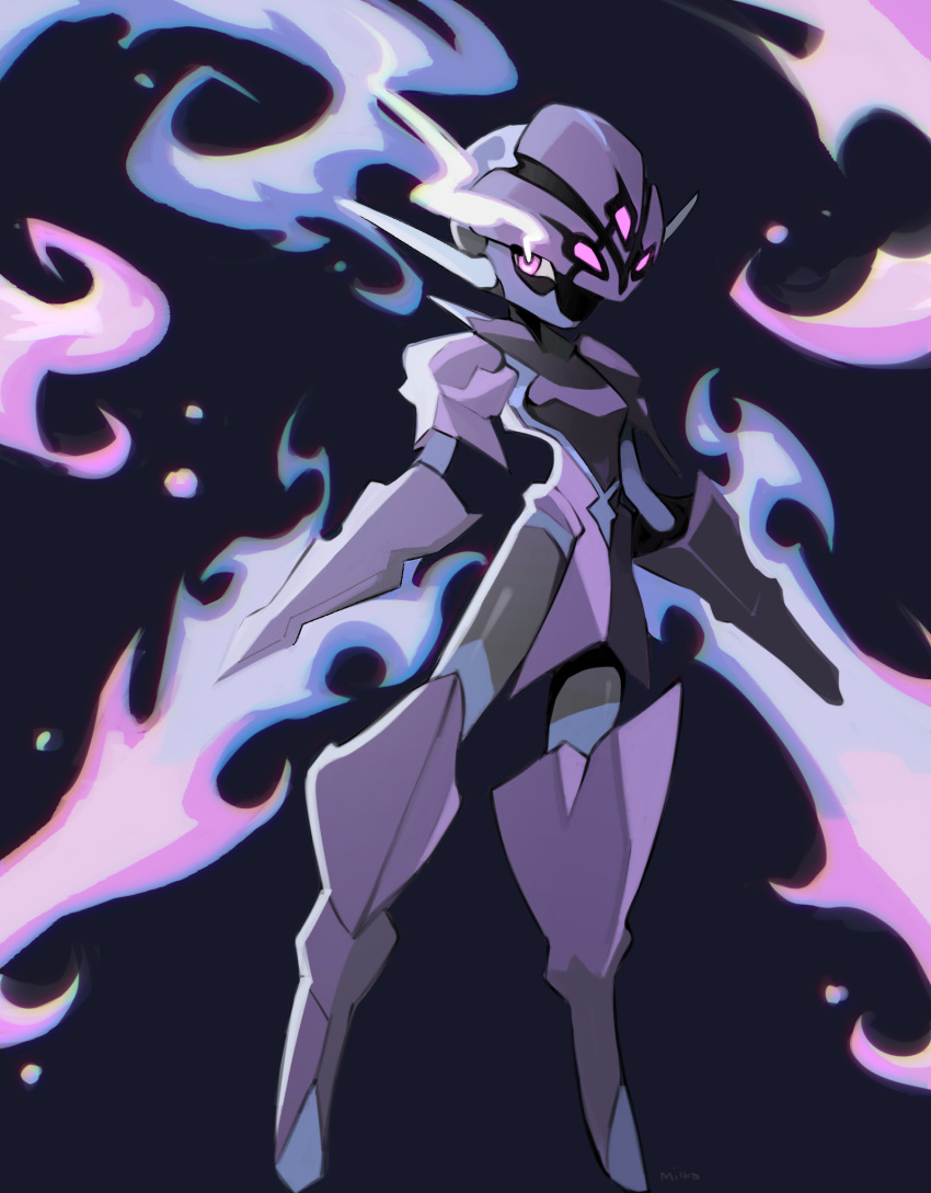 black_background blade ceruledge eye_trail fire full_body highres light_trail looking_to_the_side milka_(milk4ppl) no_humans pokemon pokemon_(creature) solo violet_eyes