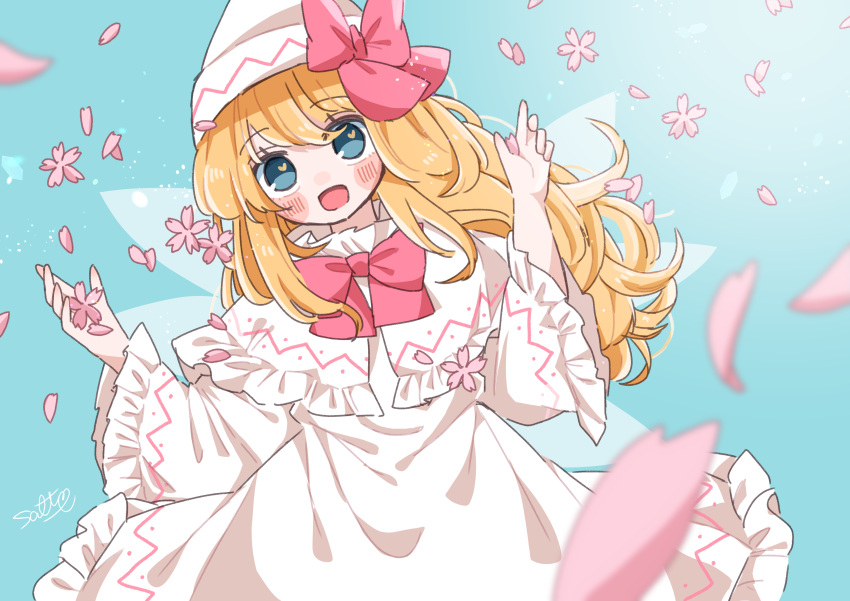 1girl :d absurdres bangs blonde_hair blue_eyes blush capelet cherry_blossoms dress fairy fairy_wings frilled_dress frilled_sleeves frills hands_up hat highres lily_white long_hair long_sleeves looking_at_viewer open_mouth outdoors petals salt_(seasoning) signature smile solo touhou upper_body white_capelet white_dress white_headwear wide_sleeves wings