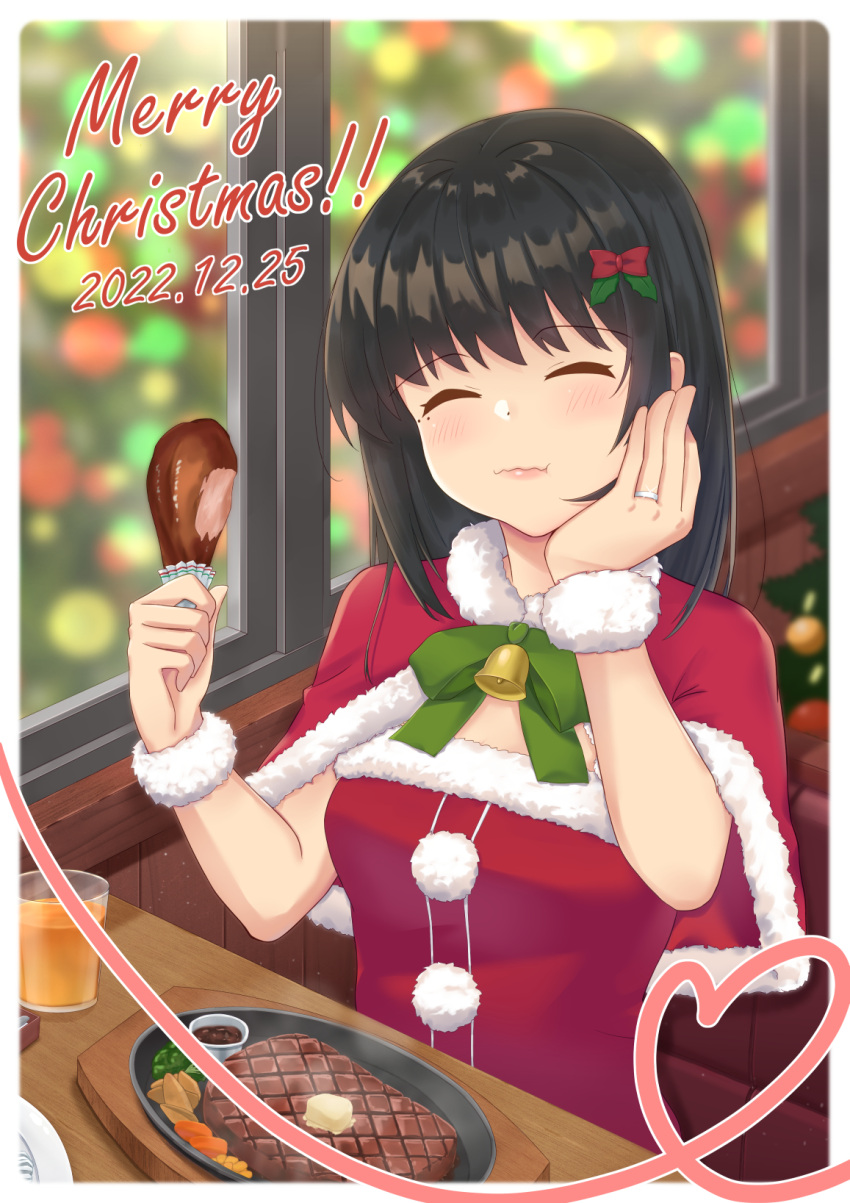 1girl black_hair capelet chicken_(food) closed_eyes commentary_request dress eating food fur-trimmed_capelet fur-trimmed_dress fur_trim glass hayashio_(kancolle) highres juice kantai_collection koureikyou_kou long_hair merry_christmas mole mole_under_eye red_capelet red_dress sizzler_plate solo steak strapless strapless_dress upper_body window