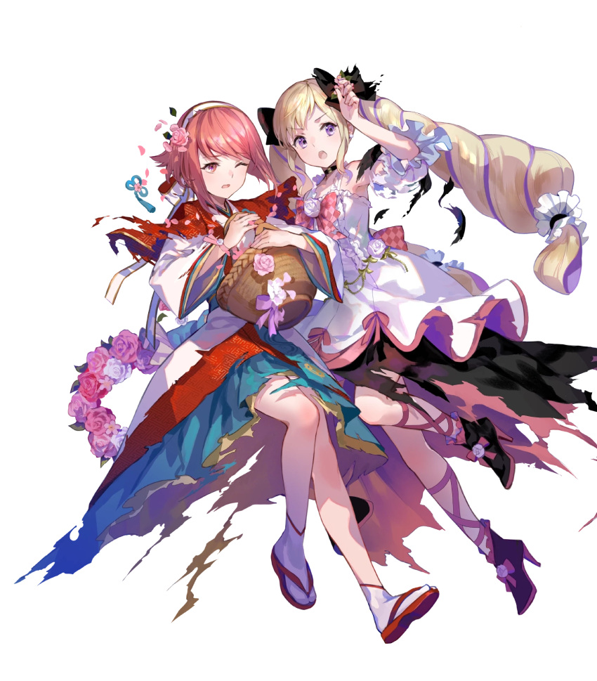 2girls ankle_boots basket blonde_hair boots bow capelet choker dress earrings elise_(fire_emblem) elise_(valentine)_(fire_emblem) fire_emblem fire_emblem_fates fire_emblem_heroes flower frills full_body fuzichoco hair_bow hair_ornament hairband high_heels highres holding japanese_clothes jewelry long_hair long_sleeves looking_away multicolored_hair multiple_girls non-web_source official_art one_eye_closed open_mouth petals pink_hair puffy_sleeves purple_hair red_eyes ribbon sakura_(fire_emblem) sakura_(valentine)_(fire_emblem) sandals skirt tabi torn_clothes torn_skirt transparent_background two-tone_hair violet_eyes wide_sleeves