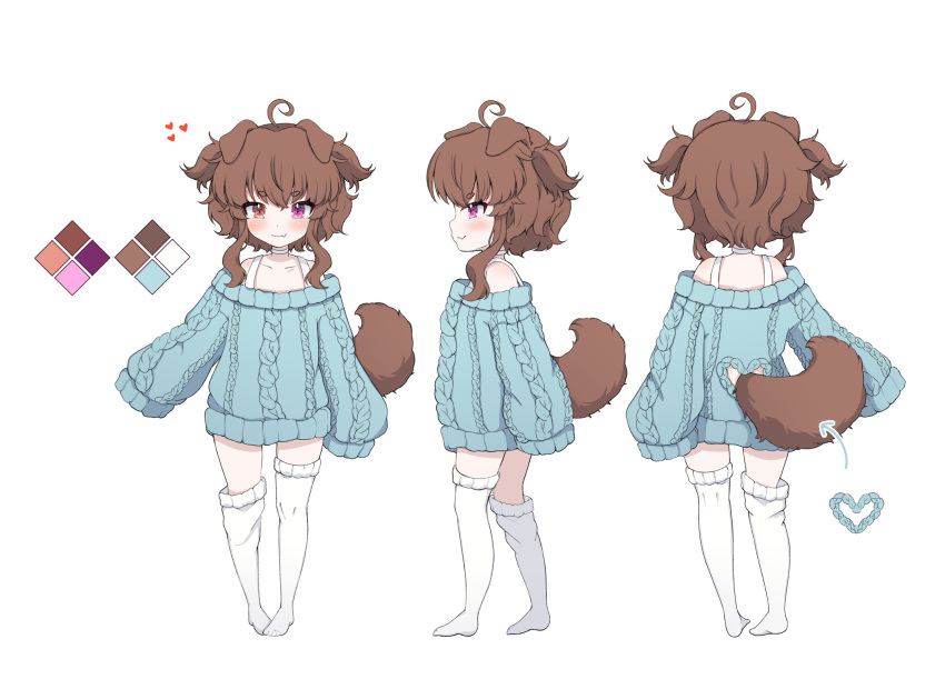 1girl absurdres ahoge animal_ears artist_request blue_sweater brown_hair choker dog_ears dog_girl dog_tail emi_(vtuber) full_body heart heterochromia highres indie_virtual_youtuber loose_thighhigh multiple_views no_pants no_shoes short_hair simple_background sleeves_past_wrists smile sweater tail thigh-highs turnaround two_side_up virtual_youtuber white_background white_thighhighs