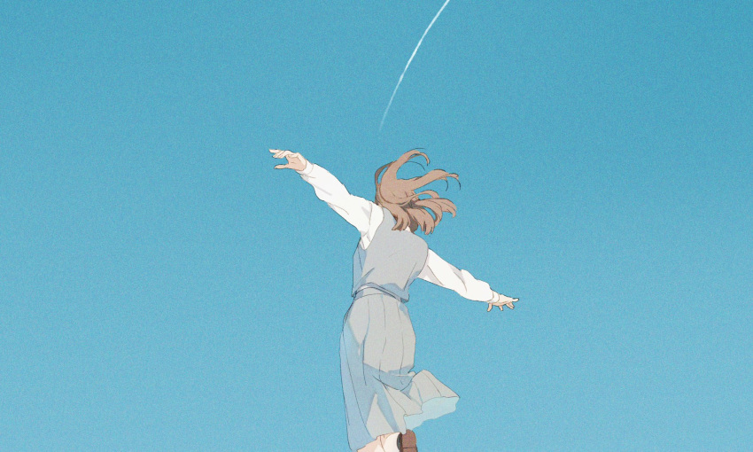 1girl blue_background blue_sky brown_footwear brown_hair clear_sky contrail day facing_away floating_hair from_behind grey_skirt grey_vest highres loafers long_sleeves original outstretched_arms pleated_skirt shirt shoe_soles shoes skirt skirt_set sky solo spread_arms standing standing_on_one_leg vest white_shirt yuribou