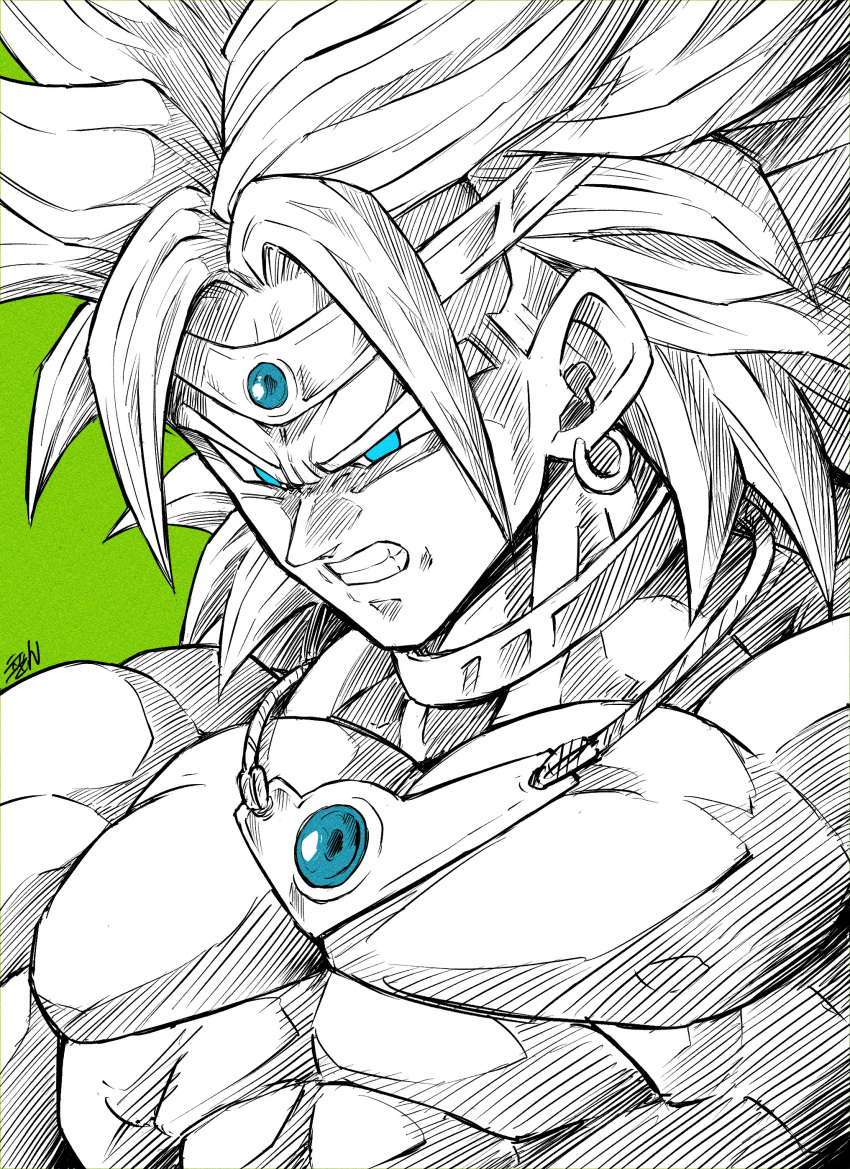 1boy abs absurdres blue_eyes broly_(dragon_ball_z) circlet clenched_teeth commentary_request dragon_ball dragon_ball_z earrings furrowed_brow green_background hatching_(texture) highres jewelry liedein male_focus monochrome muscular muscular_male neck_ring pectorals signature solo spot_color teeth upper_body