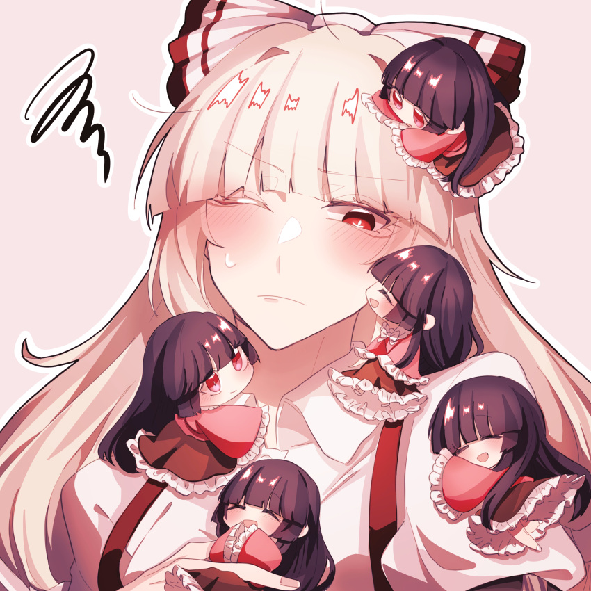 6+girls absurdres bangs black_hair blunt_bangs bow brown_skirt chibi clone closed_eyes closed_mouth collared_shirt commentary_request dress frilled_skirt frills fujiwara_no_mokou hair_bow highres hime_cut houraisan_kaguya long_hair long_skirt long_sleeves multiple_girls one_eye_closed open_mouth pink_background pink_shirt red_eyes shirt sidelocks simple_background skirt sleeve_garter sleeves_past_wrists smile somei_ooo suspenders touhou very_long_hair white_bow white_hair white_shirt wide_sleeves