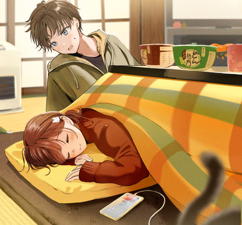 1boy 1girl :i :o absurdres bangs black_hair black_shirt blush brown_hair cat cellphone charging_device closed_eyes food fruit grey_eyes hair_ornament highres hood hoodie indoors kotatsu leaning_to_the_side long_hair long_sleeves looking_at_another lying mandarin_orange messy_hair on_stomach open_clothes open_hoodie open_mouth original phone rabbit_hair_ornament red_sweater ribbed_sleeves shirt short_hair short_ponytail sitting sleeping sleeves_past_wrists smartphone smile sweatdrop sweater table tasuku_(otomebotan) television turtleneck turtleneck_sweater under_kotatsu under_table