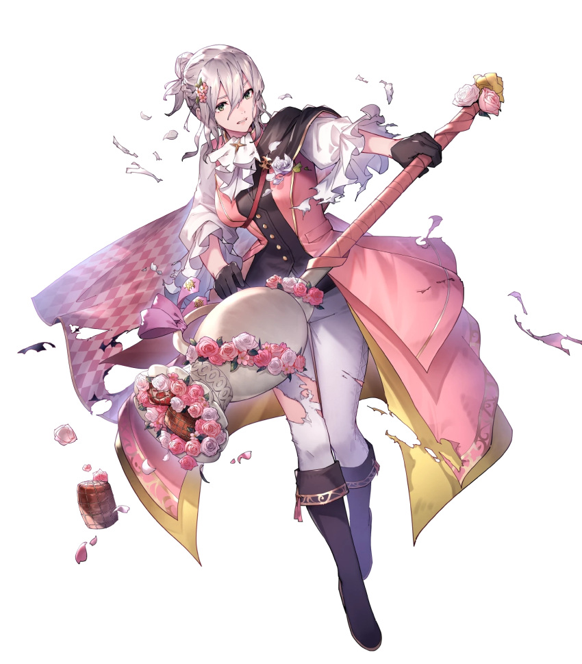 1girl ascot bangs boots breasts buttons capelet checkered_clothes coat effie_(fire_emblem) effie_(valentine)_(fire_emblem) essual_(layer_world) fire_emblem fire_emblem_fates fire_emblem_heroes flower full_body gloves gold_trim green_eyes hair_bun hair_ornament highres holding knee_boots long_sleeves looking_away medium_breasts non-web_source official_art open_clothes pants parted_lips pink_coat sidelocks solo torn_clothes torn_pants torn_sleeves transparent_background white_hair white_pants