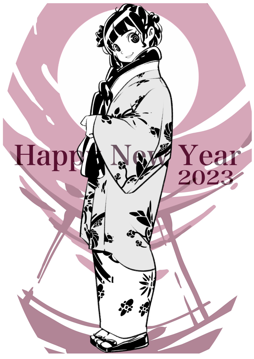 1girl 2023 absurdres alternate_language bangs english_text from_side full_body hair_behind_ear happy_new_year head_tilt highres japanese_clothes kimono looking_at_viewer original rolan-ce sandals scarf smile solo spot_color